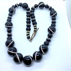 Jet Black Large and Small Bead Necklace with Rhinestone Insets NWOT